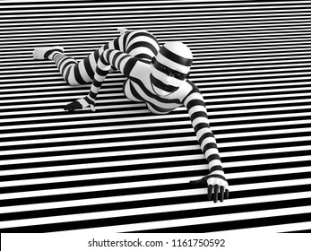 3D Rendering Of A Woman Lying On The Floor On A Black And White Striped Background, Trying To Break Out Of The Mold. She Doesn't Fit Or Blend In.