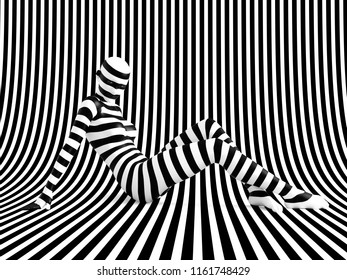 3D Rendering Of A Woman Sitting On The Floor On A Black And White Striped Background, Trying To Break Out Of The Mold. She Doesn't Fit Or Blend In.