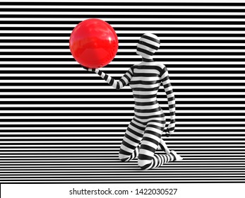 3D Rendering Of A Woman Standing On Her Knees On A Black And White Striped Background, Holding A Red Ball, Trying To Break Out Of The Mold. She Doesn't Fit Or Blend In.