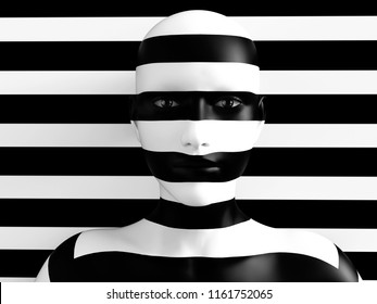 3D rendering of a womans face trying to blend in with the black and white striped background, afraid to show her true colors. She's standing with her head against the wall and hiding like a wallflower