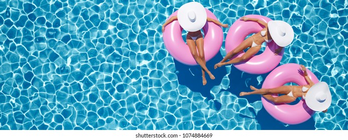 3d rendering. women swimming on float in a pool.