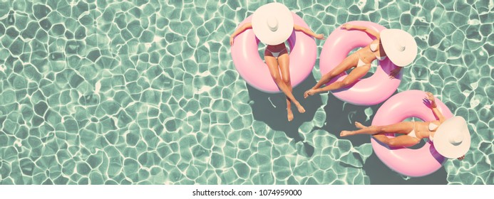 3d rendering. women swimming on float in a pool. retro style - Powered by Shutterstock