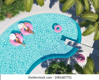 3d rendering. women swimming on float in a pool.