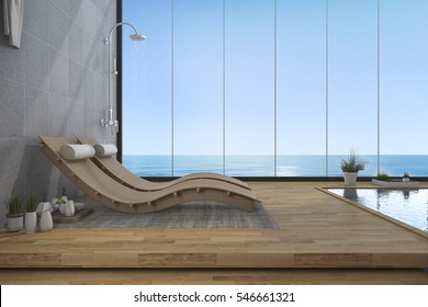 3d rendering wood bed bench near pool and sea view from window