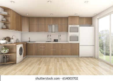 3d Rendering Wood Laundry And Kitchen