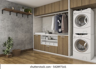 3d Rendering Wood Laundry Room With Concrete Wall