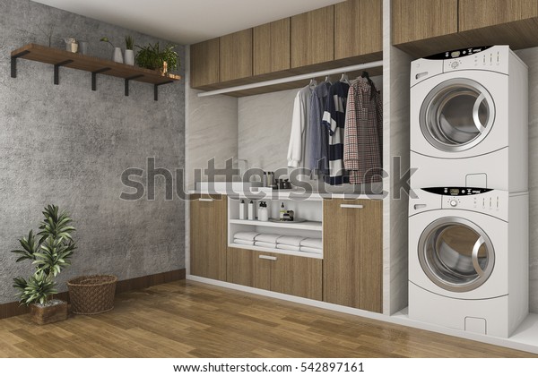3d Rendering Wood Laundry Room Concrete Stock Illustration 542897161