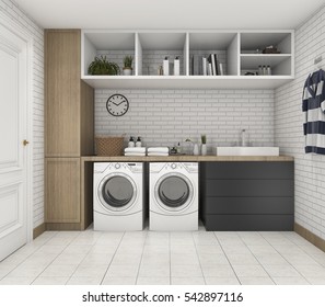 3d Rendering Wood Minimal Laundry Room With Shelf And Plant