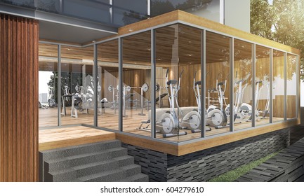 3d Rendering Wood Modern Fitness Center In Summer