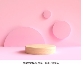 3d rendering wood podium minimal pink wall scene