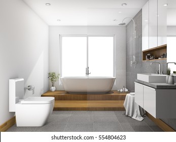 3d rendering wood step bathroom and toilet with glass partition