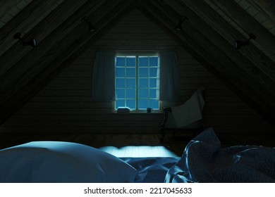 3D Rendering Of Wooden Attic Room With View To The Starry Sky At Window