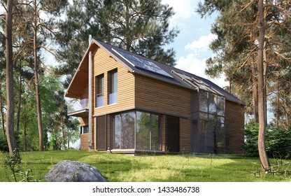 3d Rendering Of A Wooden Modern House In The Woods