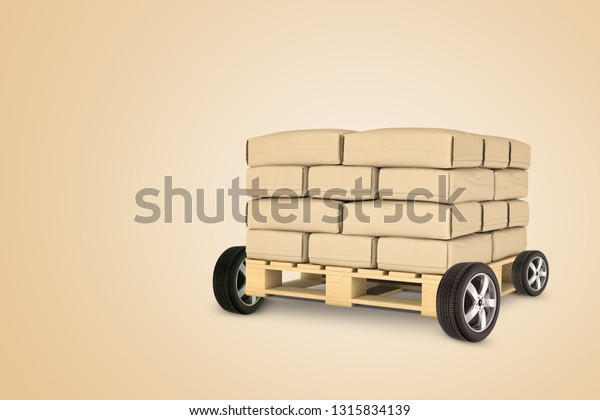 3d rendering of wooden\
pallet truck loaded with brown-paper parcels on beige background.\
Industry and manufacturing. Transportation means. Construction and\
renovations.