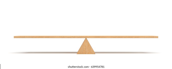 3d рендеринг деревянной доски балансировки на деревянном треугольнике, изолированном на белом фоне. Челюсти и прорезы. Равновесие. Балансировка жизни.