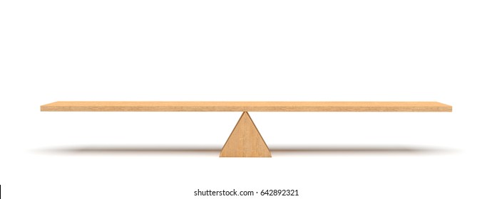 3d рендеринг деревянной доски, балансирующей на деревянном треугольнике, изолированном на белом фоне. Качели и качалки. равновесие. Балансировка жизни.