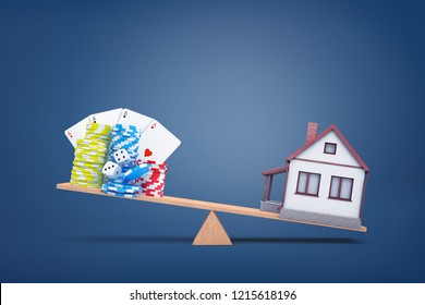 3d Rendering Of Wooden See Saw With A Small House Over Weighing Clustered Gambling Chips, Dice And Cards. Life Priorities. Gambling And Bets. Gambling Debts Versus Family House.