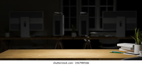 3D Rendering, Wooden Table With Stationery, Plant Pot And Copy Space In Home Office Room At Night, 3D Illustration