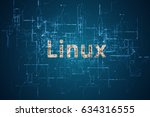 3D rendering. Word “linux” with bright yellow color before an electric current background. Means high technology. Used in computer and science field.