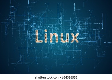 3D rendering. Word “linux” with bright yellow color before an electric current background. Means high technology. Used in computer and science field.