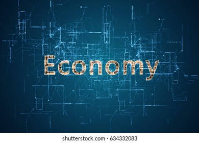 3D rendering. Word “economy” with bright yellow color before an electric current background. Means high technology and business. Used in science or business field.
