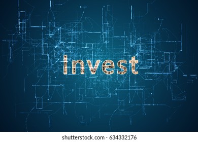 3D rendering. Word “invest” with bright yellow color before an electric current background. Means high technology and business. Used in science or business field.
