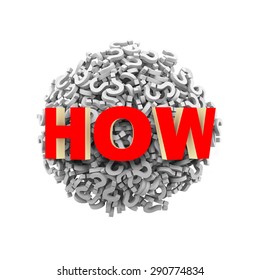 3d rendering of word how on sphere ball made up of question mark symbol sign