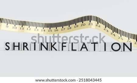 3d rendering of the word "SHRINKFLATION" and a coiled measuring tape with black markings, this tactic used by manufacturers to increase prices without explicitly raising them on the label