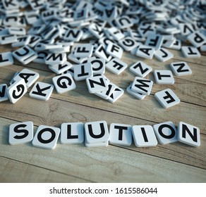 3D rendering of the word solution writen with letter tiles on wooden background