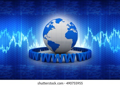 3d rendering word www is wrapped in front of a glossy globe