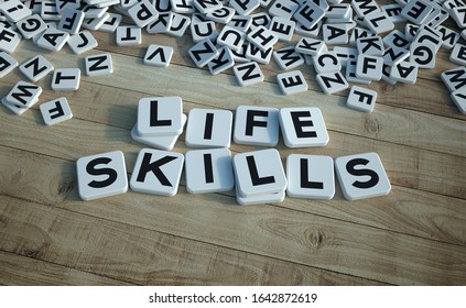 3D Rendering Of The Words Life Skills Written On Letter Tiles Against A Wooden Background