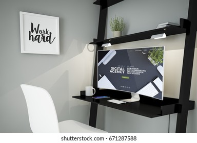 3d rendering of workplace with curved screen computer showing digital agency website