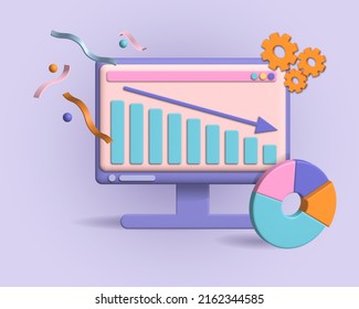 3D rendering of the workplace. The topic is financial technologies, SEO concept and web analytics. The graph of the fall.