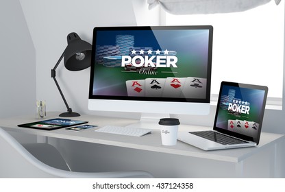 3d rendering of workroom with responsive devices showing poker online website on screen. All screen graphics are made up.