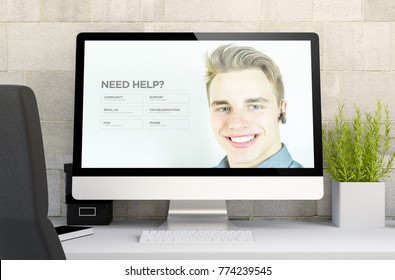 3d rendering of workspace with computer showing customer service website. All screen graphics are made up.
