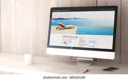 3d rendering workspace with luxury resort and spa website design on the screen of computer and smartphone. All screen graphics are made up.