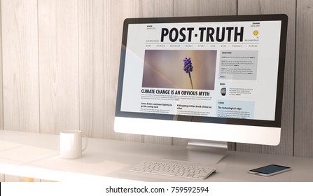3d rendering workspace with post truth on the screen of computer and smartphone. All screen graphics are made up.