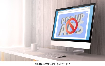 3d Rendering Of Workspace With Stop Pop Up Ads. 