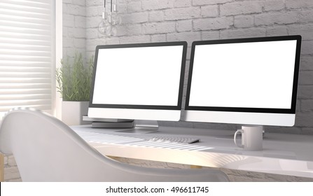 3d Rendering Of Workspace With Two Blank Monitors