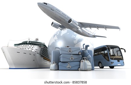 3D rendering of a world globe, an airplane, a cruise ship and a coach bus with a high key pile of luggage
