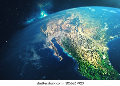3D Rendering World Globe from Space in a Star Field Showing Night Sky With Stars and Nebula. View of Earth From Space. Elements of this image furnished by NASA.