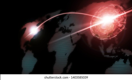 3D Rendering Of World Map With Glowing Dots And Red Curved Line Running Across And Target Digital Hud. Concept Of Trade War, Cyber Attack, Threatening, Boycott, Global Financial Risk.