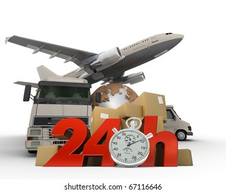 3D rendering of  a world map, packages a van, a truck and an airplane with the words 24 Hrs and a chronometer