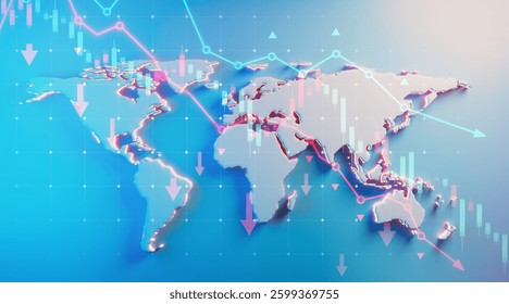 3D Rendering of world map with red downward arrows and stock chart on blue background, symbolizing global financial crisis and market collapse