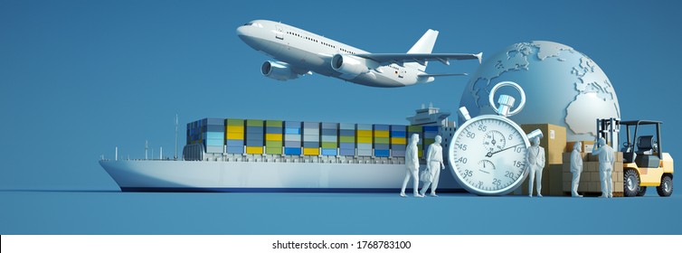 3D Rendering Of The World, Packages And Air, Land And Sea Means Of Transport With A Chronometer