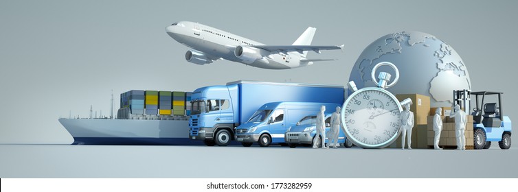3D rendering of the world, packages and air, land and sea means of transport with a chronometer