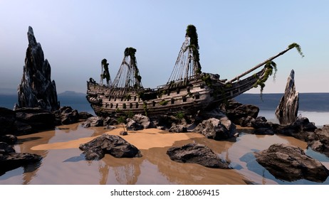 3D Rendering Of A Wreck Of A Pirate Ship On A Coast