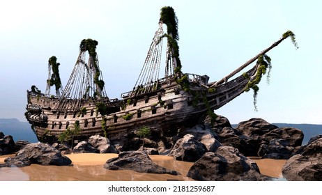 3D Rendering Of A Wreck Of A Pirate Ship On A Coast