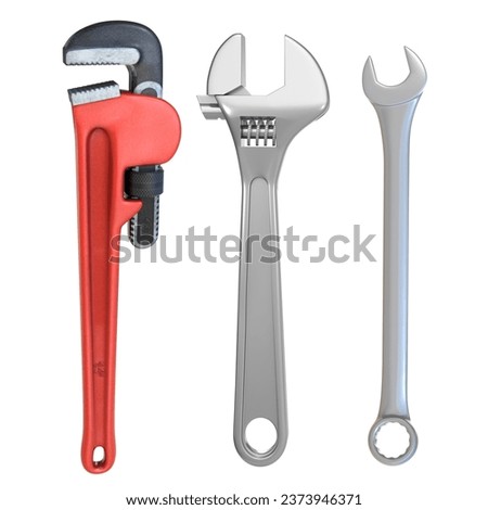3D Rendering Wrench, Monkey Wrench And Pipe Wrench Isolated On White Background
