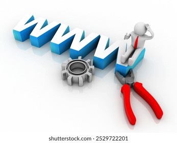 3d rendering WWW with cutting player near technician 